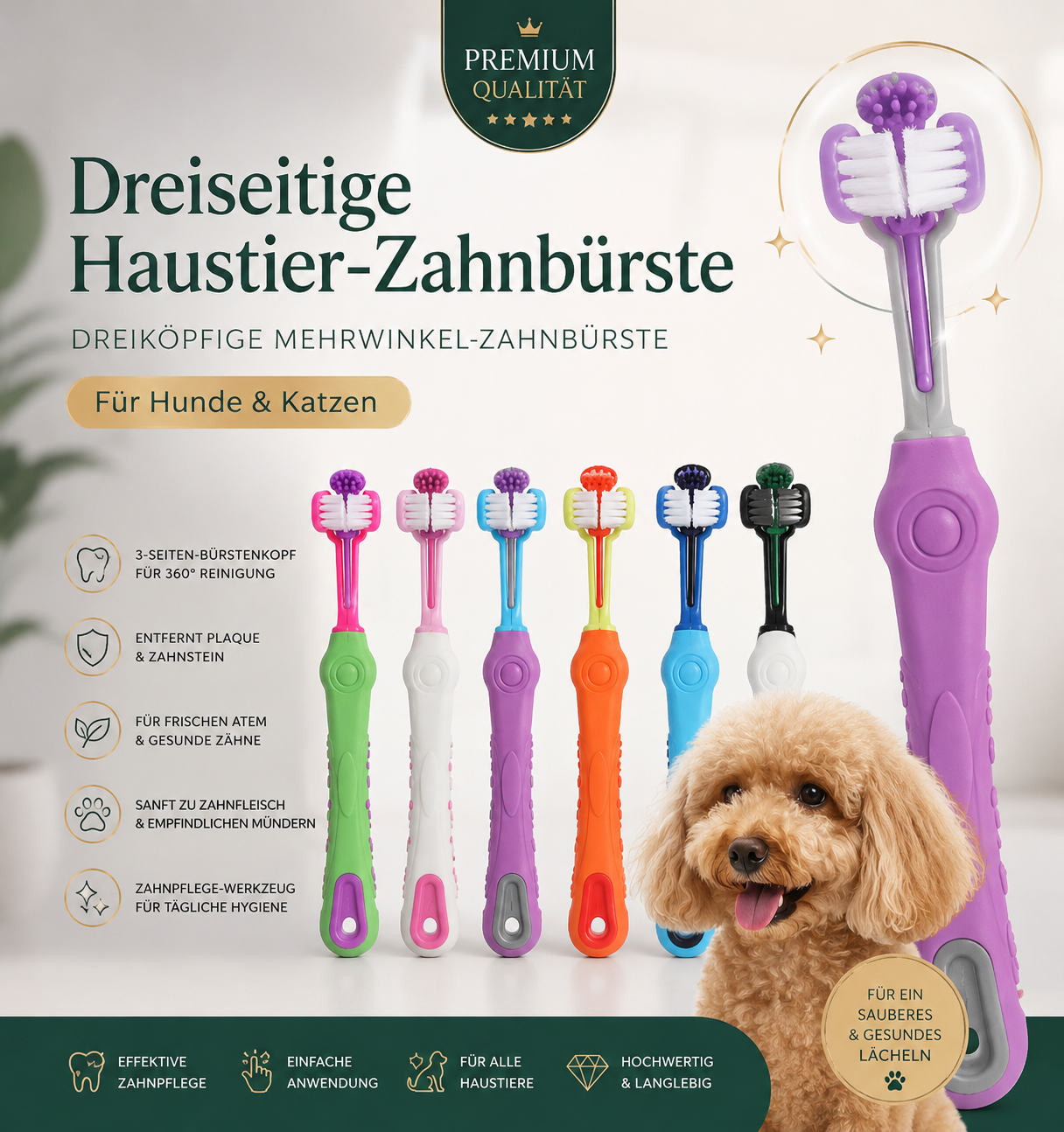 PremiumCare™ Dreiseitige Haustier-Zahnbürste – 360° Zahnpflege für Hunde & Katzen