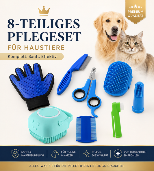 Premium 8-teiliges Haustier-Pflegeset – Fellpflege, Krallenpflege & Zahnpflege für Hunde und Katzen
