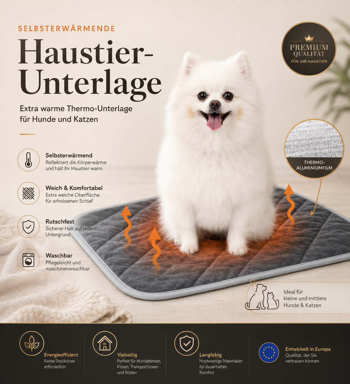 Selbstwärmende Premium-Haustierunterlage für Hunde & Katzen