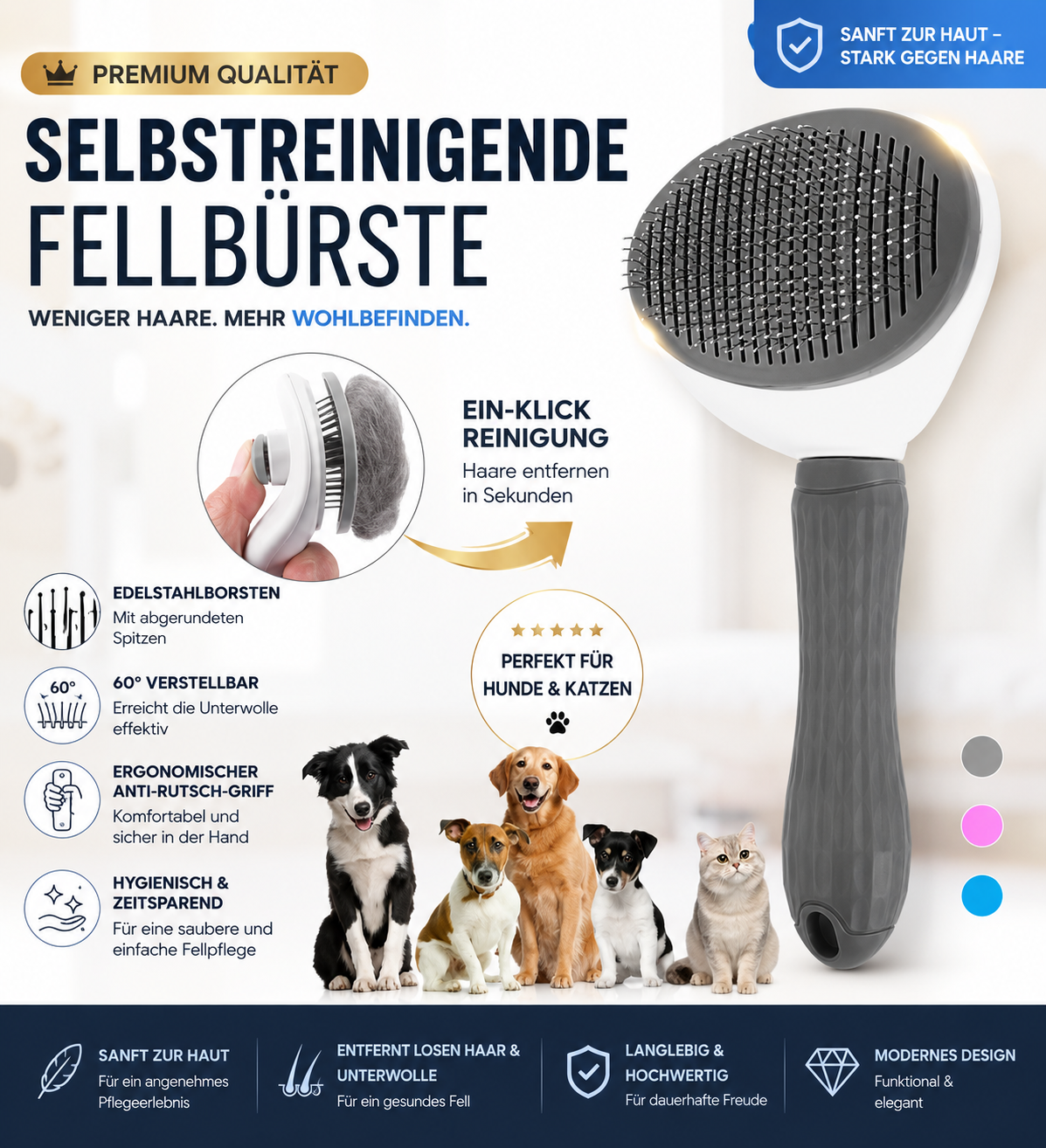 Escova autolimpante premium para animais de estimação