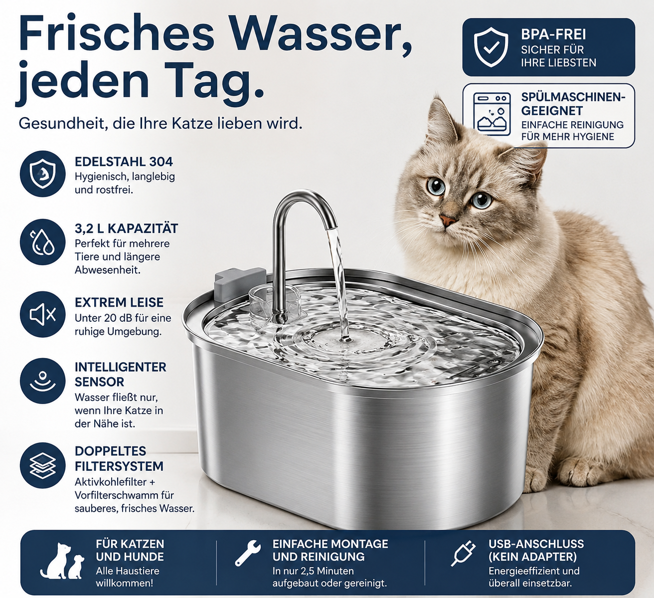 Smart Katzenbrunnen 3,2L aus Edelstahl
