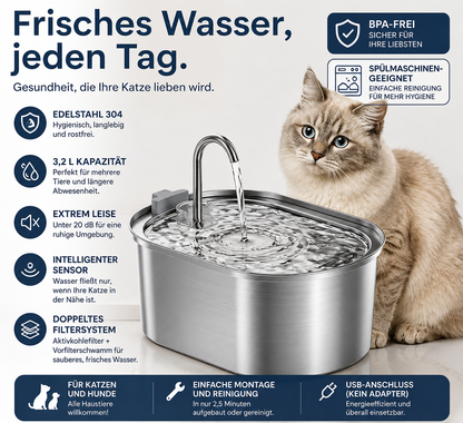 Smart Katzenbrunnen 3,2L aus Edelstahl