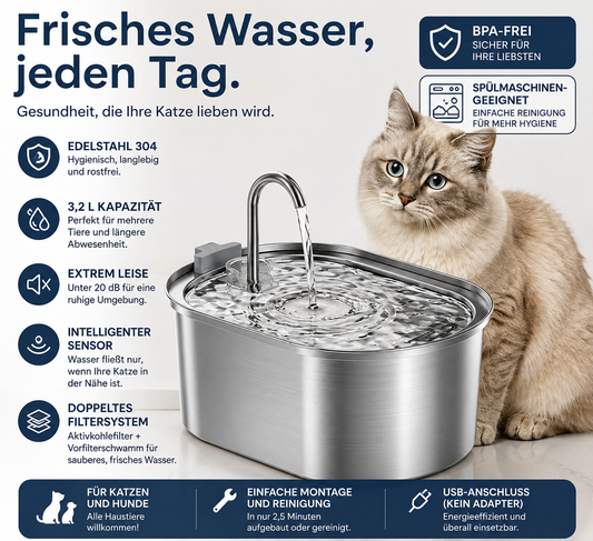 Smart Katzenbrunnen 3,2L aus Edelstahl