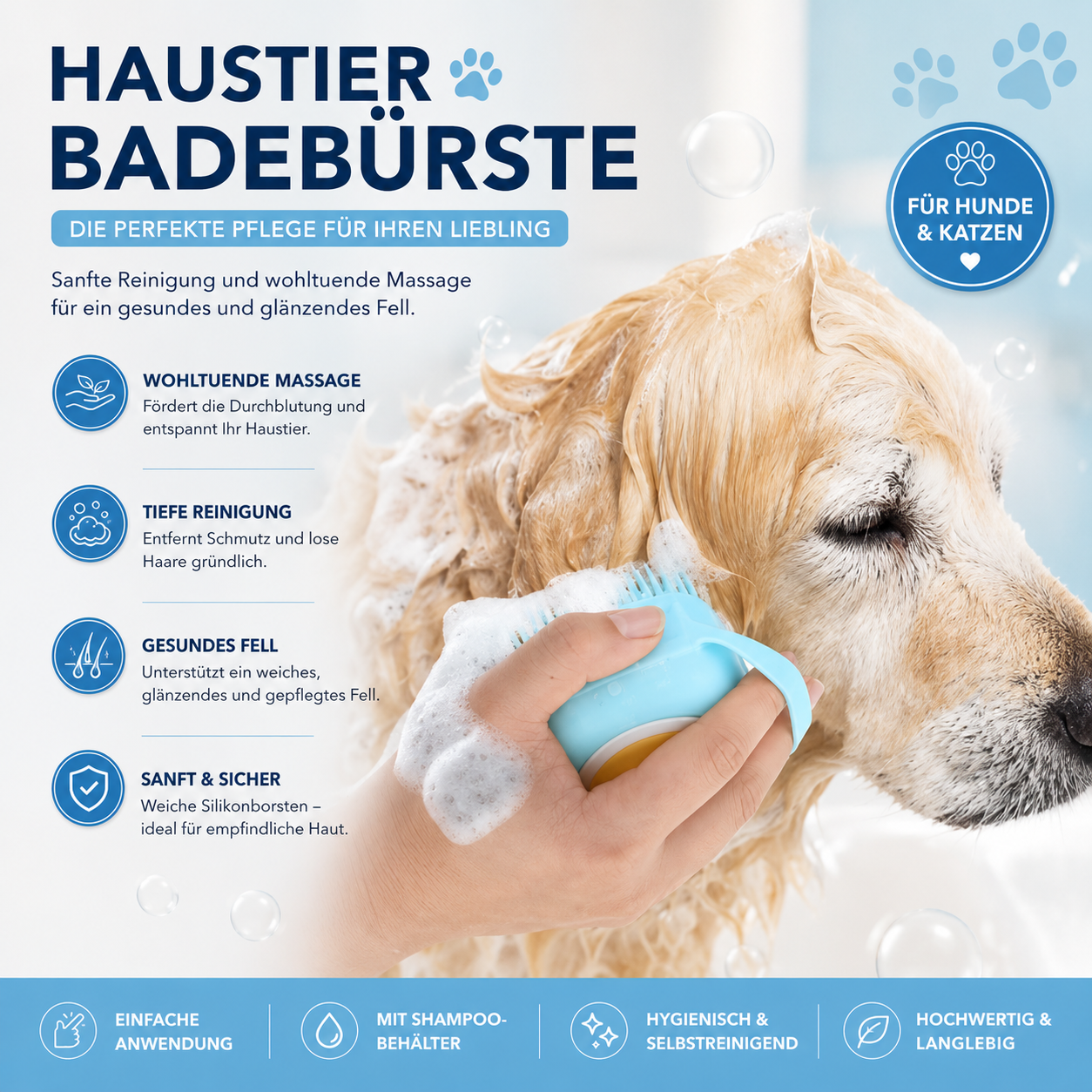Premium Haustier-Badebürste mit integriertem Shampoo-Reservoir