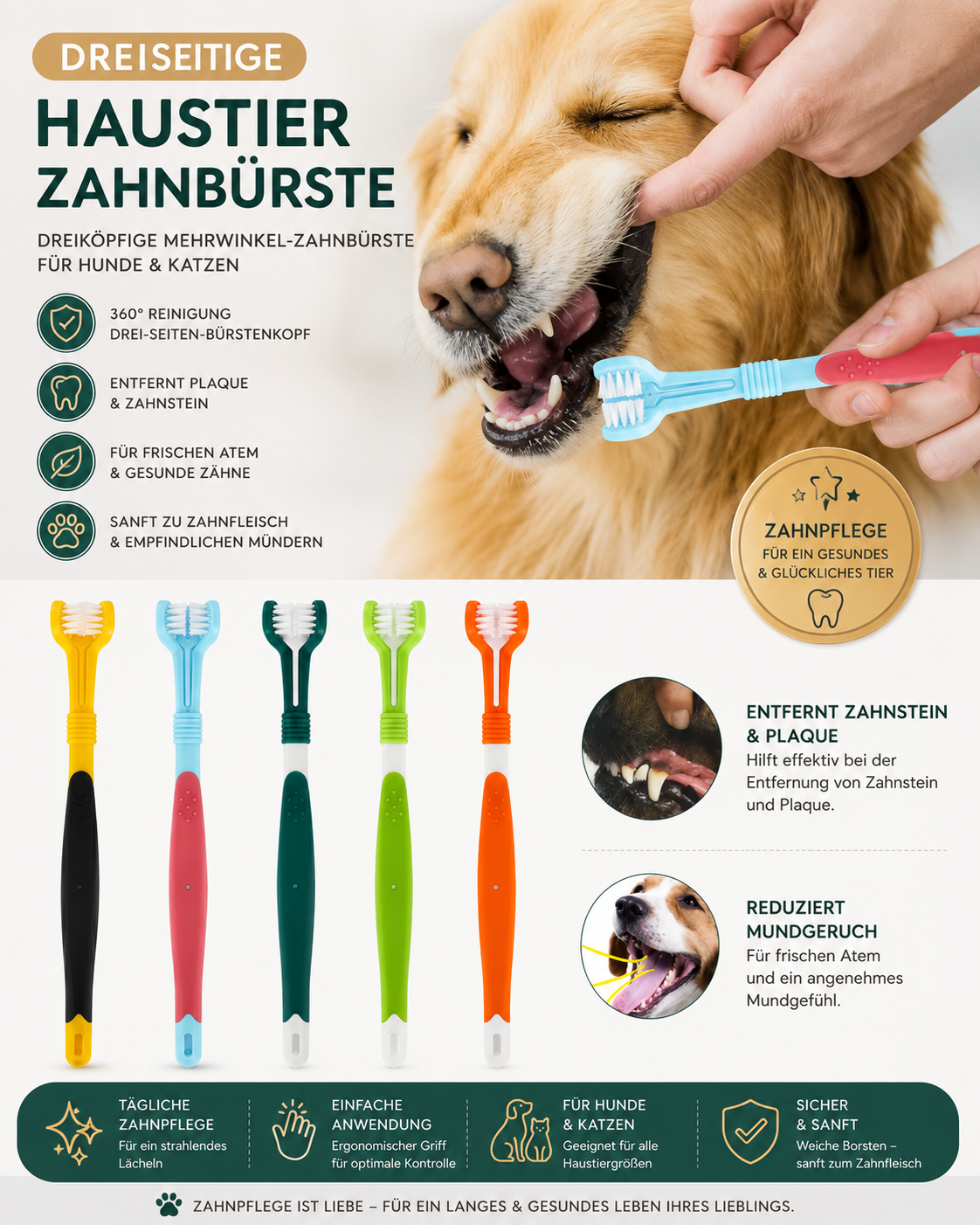 PremiumCare™ Dreiseitige Haustier-Zahnbürste – 360° Zahnpflege für Hunde & Katzen