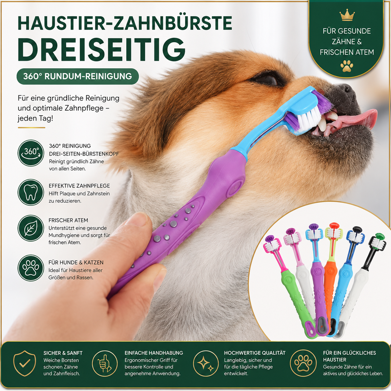 PremiumCare™ Dreiseitige Haustier-Zahnbürste – 360° Zahnpflege für Hunde & Katzen