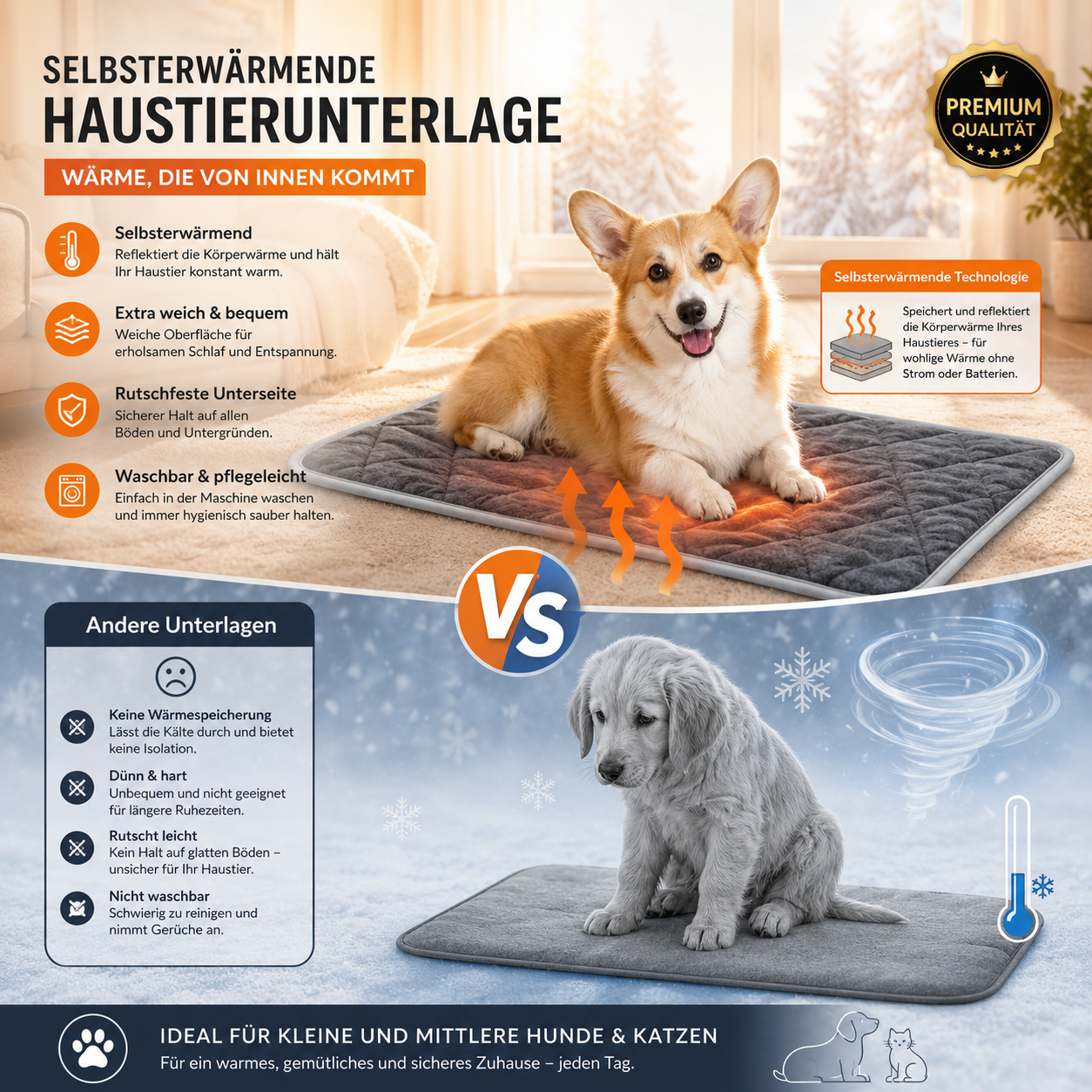 Selbstwärmende Premium-Haustierunterlage für Hunde & Katzen